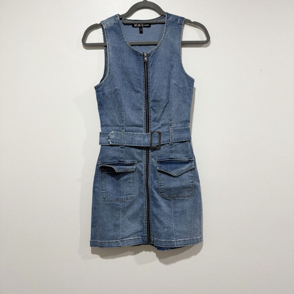 Rewash Zip Front Matching Belt Front Pockets Denim Mini Dress Junior Size Small